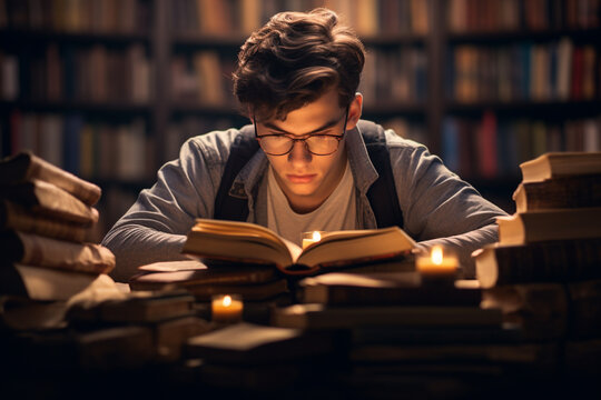 A man sits and reads a book in a library