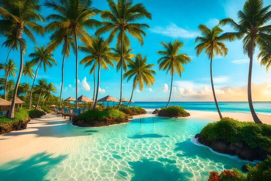 beach with palm trees ,Paradise beach natural background. Illustration Generative AI.