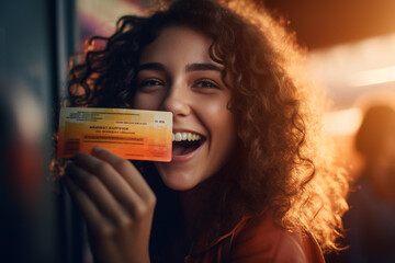 Attractive woman showing movie ticket - obrazy, fototapety, plakaty