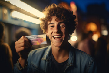 Attractive man showing movie ticket