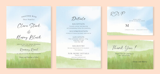 wedding invitation set watercolor background illustartion