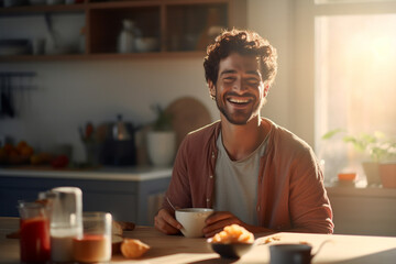 Fototapeta na wymiar happy man eating breakfast in the kitchen