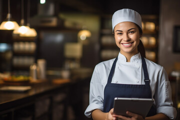 Female chef holding a tablet to welcome customers