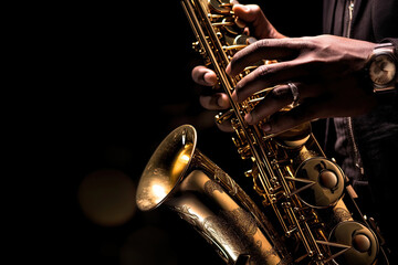 Close up of Saxophone Player hands Saxophonist playing jazz music. Alto sax musical instrument on black background. Generative Ai - obrazy, fototapety, plakaty