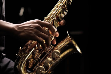 Obraz premium Close up of Saxophone Player hands Saxophonist playing jazz music. Alto sax musical instrument on black background. Generative Ai