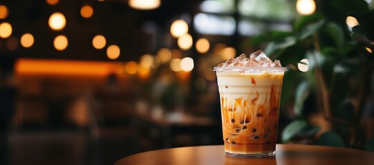 Naklejka premium Iced coffee with whipped cream on the table in a cafe , Generative AI