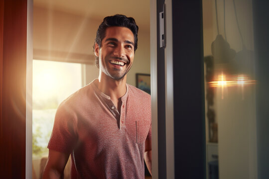 Happy Man Opens Door To Welcome Neighbor