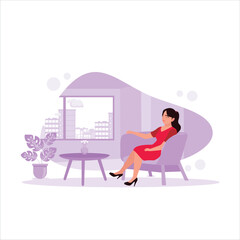 The young woman is sitting on the sofa, enjoying the living room's calm atmosphere and fresh air. Mental health concept. Trend Modern vector flat illustration