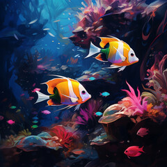 Fototapeta na wymiar Digital painting in high resolution of a colorful aquarium scene, capturing the details and movements of tropical fish.