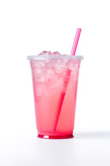 Pink drink in plastic cup isolated on white background. Take away drinks concept