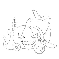 Outline halloween composition with pumpkin, bat and witch hat. Line illustration for coloring book