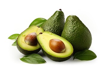 Avocado with leaves isolated on white background, Generative AI