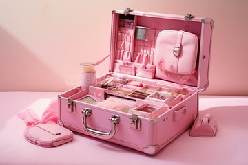Revealing beautiful aesthetics: a stylish pink case filled with fashion and makeup. Generative AI