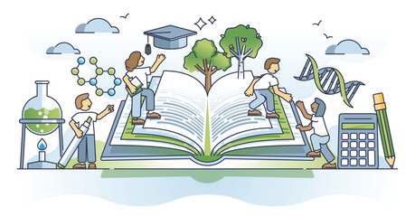 Pathway to knowledge and academic training with smart books outline concept. Chemistry, physics or math research in teamwork groups vector illustration. STEM skills learning in university or school.