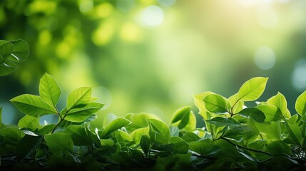 Fototapeta na wymiar Fresh green leaves on blurred greenery background with bokeh effect, Generative AI
