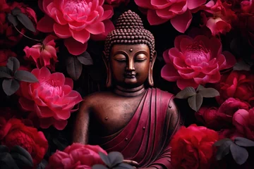 Papier Peint photo Lavable Bordeaux Buddha statue with red flowers background.Generative Ai