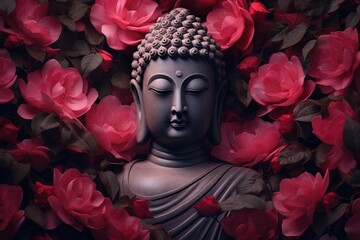 Buddha statue with red flowers background.Generative Ai