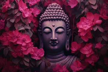 Buddha statue with red flowers background.Generative Ai