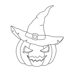 Outline halloween pumpkin with witch hat. Line illustration for coloring book