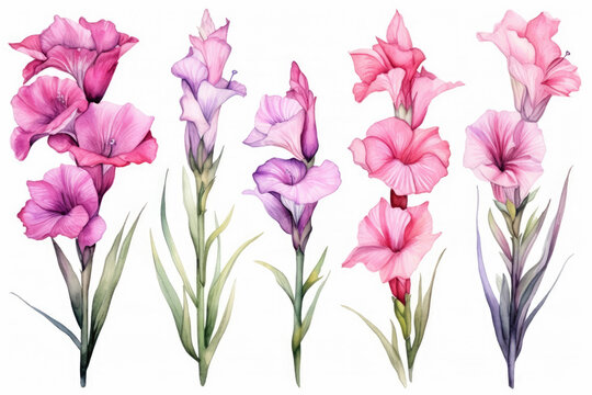 Watercolor image of a set of gladiolus flowers on a white background