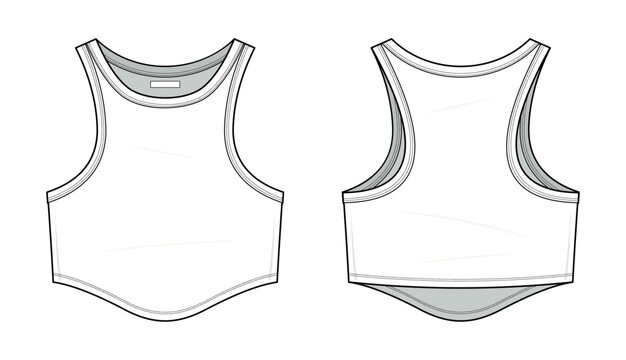 Curved hem Racerback Tank Top technical fashion illustration. Curved hem Racerback Tank Top vector template illustration. sleeveless, crop tops, front and back view. women's. white color. CAD mock-up 