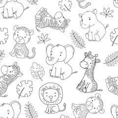 Seamless pattern with cute sitting cheetah, lion and elephant. Outline illustrations for kids. Safari animals