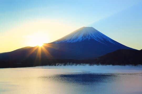 Fuji at sunrise and Lake Motosu, Japan,Yamanashi Prefecture