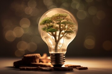 Eco-friendly lamp with tree and money, represents transition to renewables. Earth Day motif. Generative AI