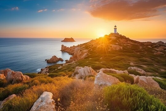 Vivid morning view in Sardinia, Italy with stunning sunrise at Capo San Marco lighthouse. Scenic Mediterranean seascape. Generative AI