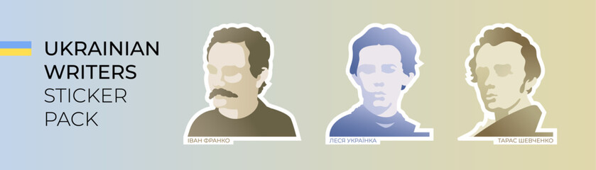 Ukrainian writers sticker pack. Bookmark. Portrait of Ivan Franko, Lesya Ukrainka, Taras Shevchenko vector  illustration - obrazy, fototapety, plakaty