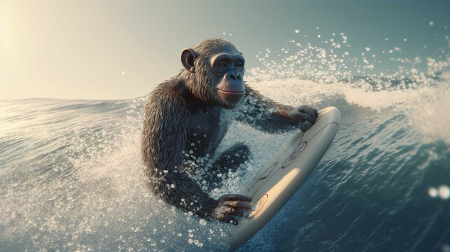 Chimpanzee Riding a Sparkling Digital Number Wave, Ultra Realistic Photorealistic Art.