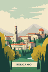 Italy Bergamo city retro poster with abstract shapes of skyline, landscape, houses and mountains. Vintage cityscape travel vector illustration of Lombardy Italian town panorama.