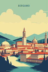 Italy Bergamo city retro poster with abstract shapes of skyline, landscape, houses and mountains. Vintage cityscape travel vector illustration of Lombardy Italian town panorama - obrazy, fototapety, plakaty