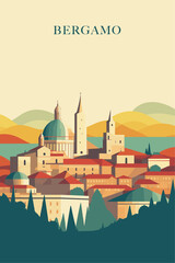 Italy Bergamo city retro poster with abstract shapes of skyline, landscape, houses and mountains. Vintage cityscape travel vector illustration of Lombardy Italian town panorama