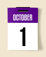 1 October Calendar Date, Realistic calendar sheet hanging on wall