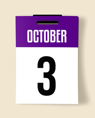 3 October Calendar Date, Realistic calendar sheet hanging on wall