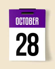 28 October Calendar Date, Realistic calendar sheet hanging on wall