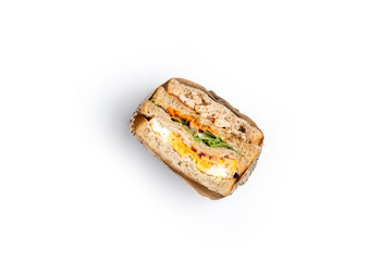 Top View Wrapping Chicken And Egg Sandwich On White Background.