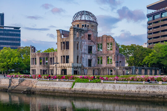 Atomic Bomb Dome and Motoyasu River at dusk, Hiroshima Prefecture,Hiroshima,Central District,Nakajimacho,Japan