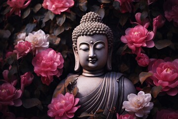 Buddha statue surrounded by pink peony flowers on dark background.Generative Ai