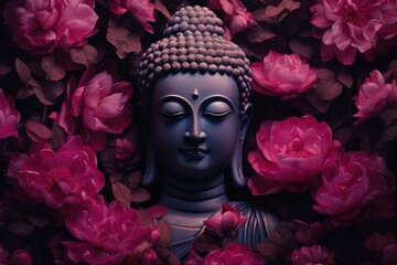 Buddha statue surrounded by pink peony flowers on dark background.Generative Ai