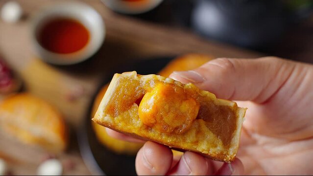 Traditional Chinese mid autumn festival food moon cake on wooden table	