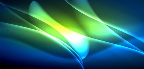 Dynamic waves in ethereal glow of neon lights. Concept merges fluidity of motion with vibrant allure of neon, crafting entrancing backdrop that embodies both vitality and futuristic sophistication