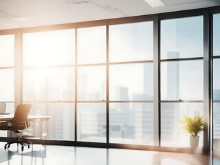 Fototapeta premium Beautiful blurred background of a light modern Corporate office interior with panoramic windows and beautiful lighting.