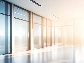 Beautiful blurred background of a light modern Corporate office interior with panoramic windows and beautiful lighting.