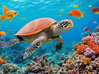 turtle with group of colorful fish and sea animals with colorful coral underwater in ocean