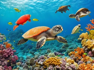 Obraz na płótnie Canvas turtle with group of colorful fish and sea animals with colorful coral underwater in ocean
