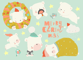Cute Cartoon Set of Polar Bears with Christmas Elements