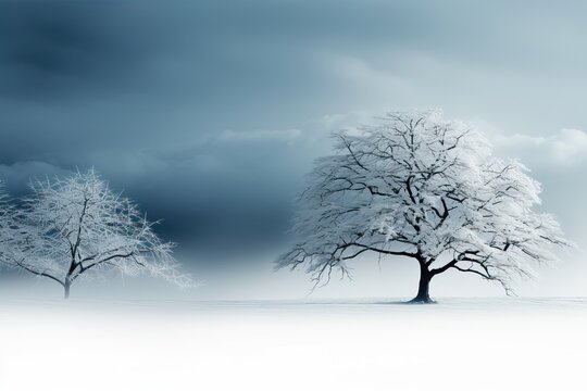 A background image for creative content, showcasing two frozen trees against a backdrop of mountain fog and a snow-blanketed landscape. Photorealistic illustration, Generative AI