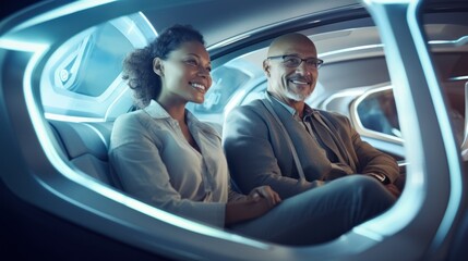 People ride in a self-driving car controlled by an artificial intelligence autopilot. Future technologies, internet of things and smart devices concept.